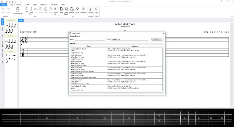 Easily search for on-line music files to import into GuitarSharp.